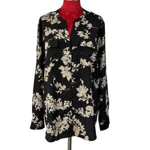 Calvin Klein black & beige floral blouse shirt top button front pockets size XL